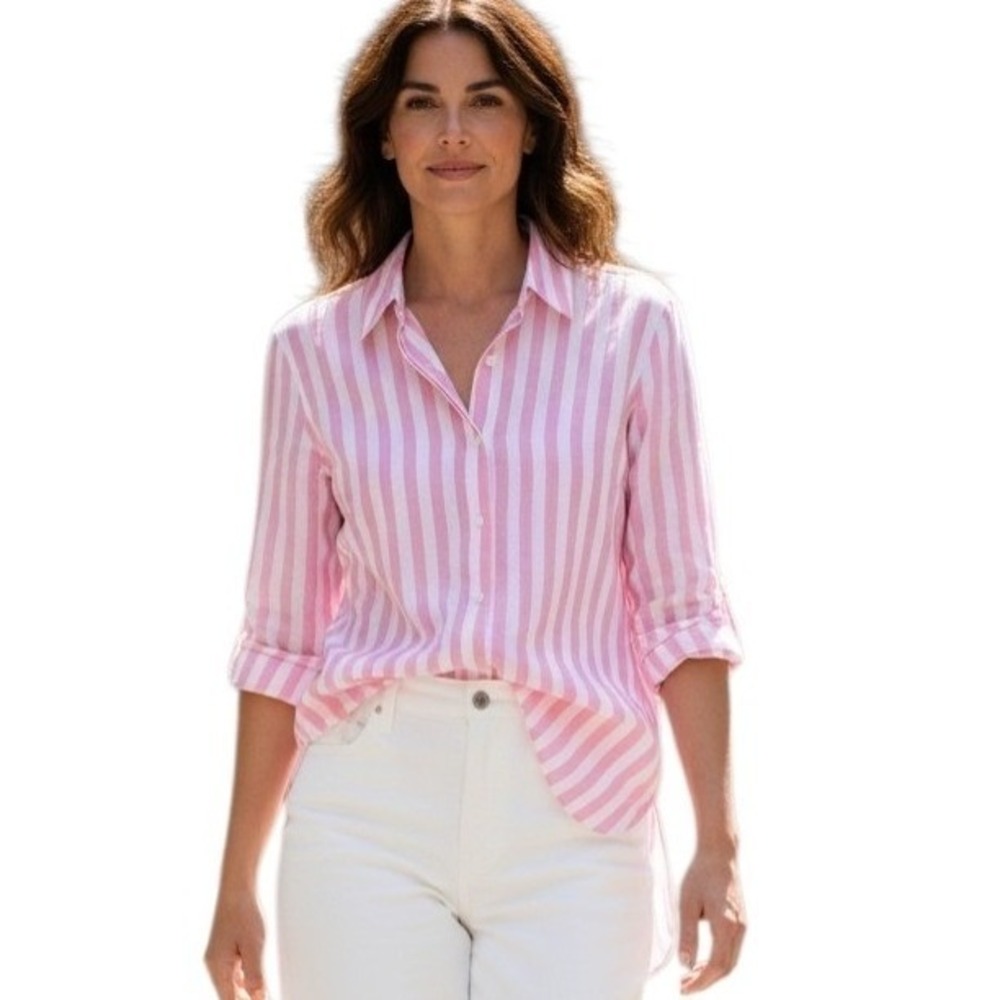Lola River Stripe Tencel Linen ‎ Womens size Medium Button Euro Summer Beach Top